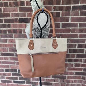 Nine West Tan & Cream Tote Bag Large Colorblock Shoulder Handbag Faux Leather